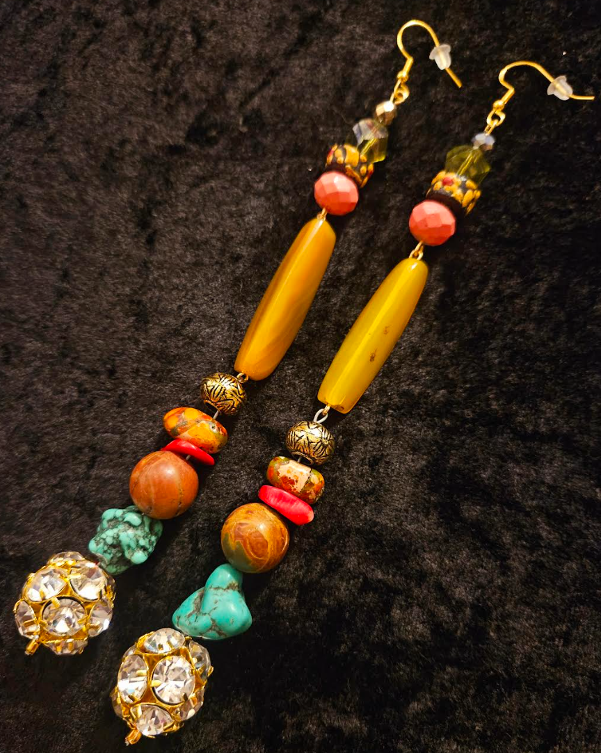 Extremely Long Gemstone Beaded Shoulder Duster Pierced Earrings - Autumn Ear Candy Accessory - Kat Kouture Jewelry