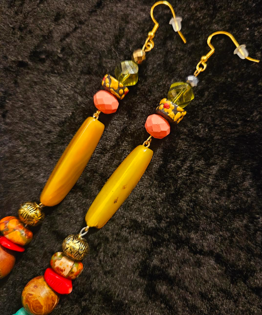 Extremely Long Gemstone Beaded Shoulder Duster Pierced Earrings - Autumn Ear Candy Accessory - Kat Kouture Jewelry