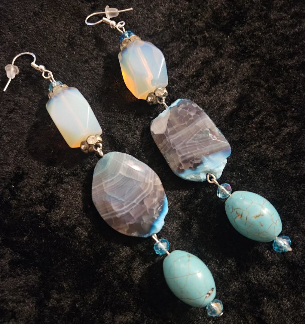 Opalite Agate and Magnesite Long Pierced Earrings - Blue White and Gray Gemstone Ear Candy - Kat Kouture Jewelry