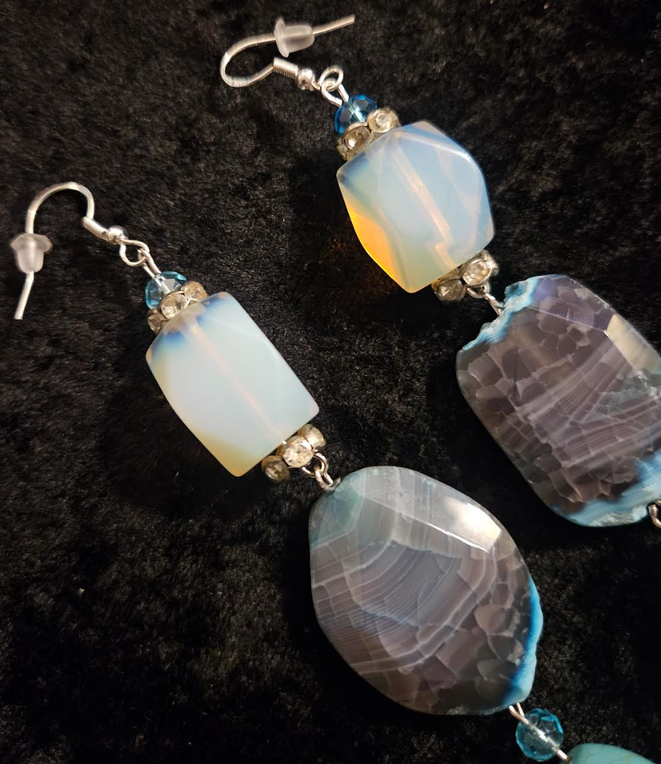 Opalite Agate and Magnesite Long Pierced Earrings - Blue White and Gray Gemstone Ear Candy - Kat Kouture Jewelry