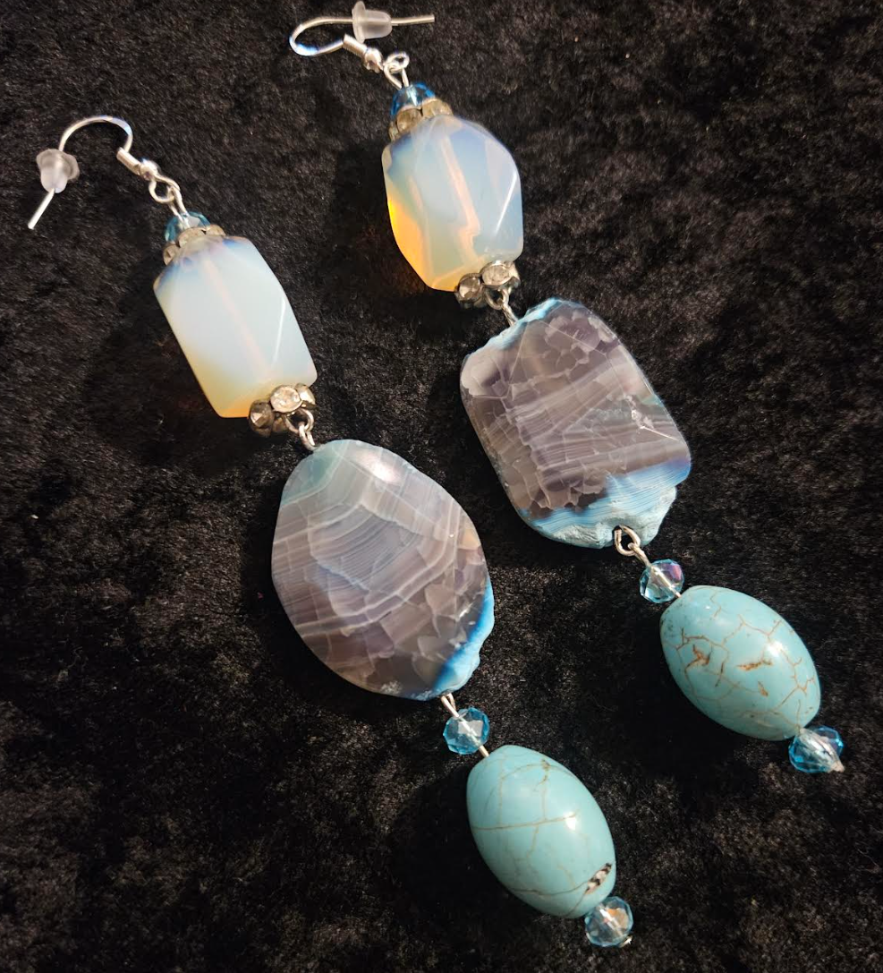 Opalite Agate and Magnesite Long Pierced Earrings - Blue White and Gray Gemstone Ear Candy - Kat Kouture Jewelry