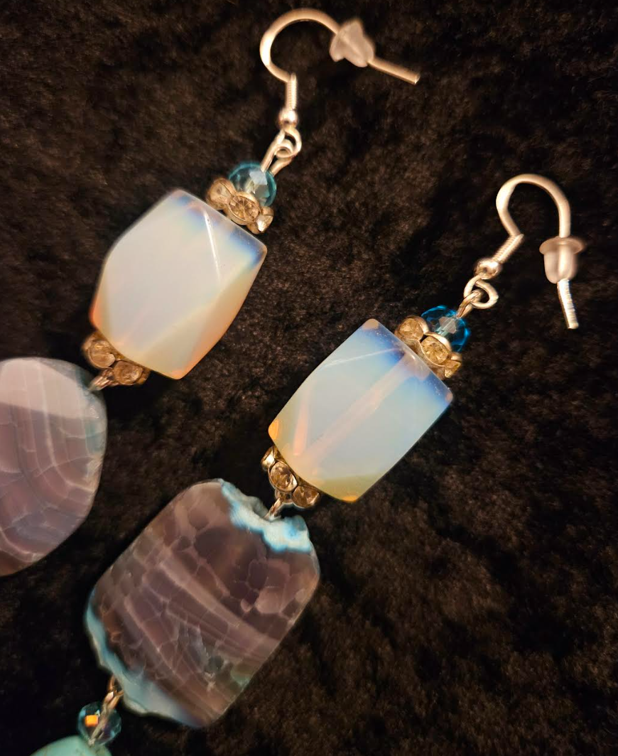 Opalite Agate and Magnesite Long Pierced Earrings - Blue White and Gray Gemstone Ear Candy - Kat Kouture Jewelry