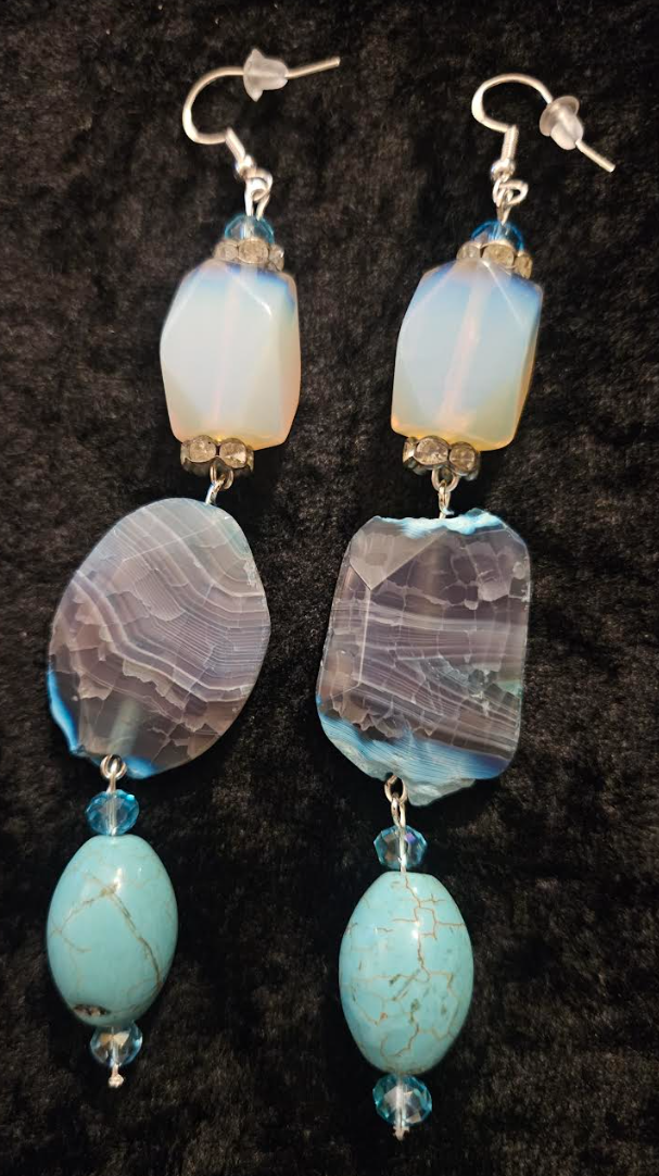 Opalite Agate and Magnesite Long Pierced Earrings - Blue White and Gray Gemstone Ear Candy - Kat Kouture Jewelry