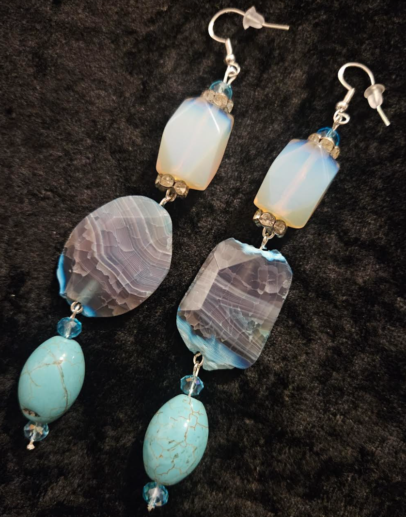 Opalite Agate and Magnesite Long Pierced Earrings - Blue White and Gray Gemstone Ear Candy - Kat Kouture Jewelry