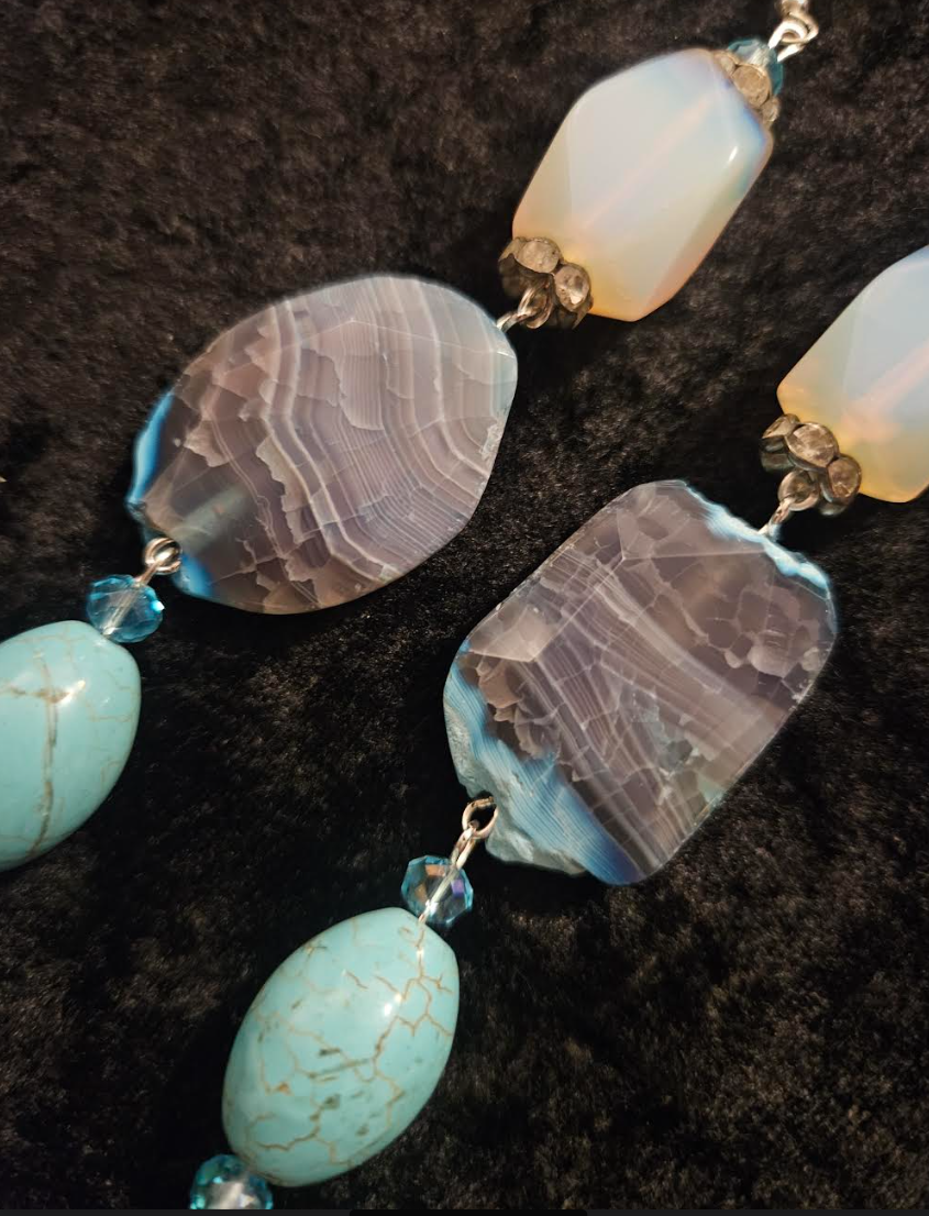 Opalite Agate and Magnesite Long Pierced Earrings - Blue White and Gray Gemstone Ear Candy - Kat Kouture Jewelry