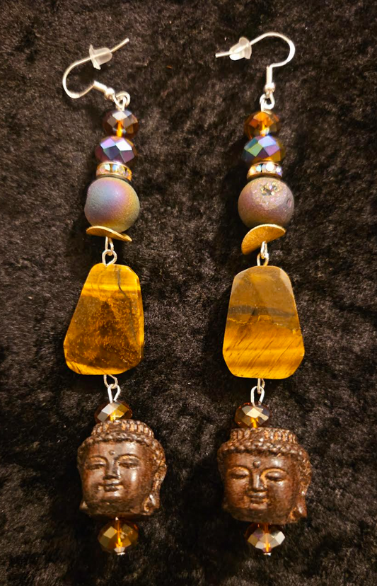 Earth Tone Buddha and Tiger's Eye Long Pierced Earrings - Tibetan God Shoulder Duster Ear Candy - Eccentric and Whimsical Shoulder Dusters - Kat Kouture Jewelry