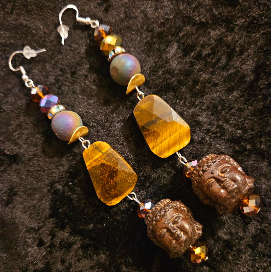 Earth Tone Buddha and Tiger's Eye Long Pierced Earrings - Tibetan God Shoulder Duster Ear Candy - Eccentric and Whimsical Shoulder Dusters - Kat Kouture Jewelry