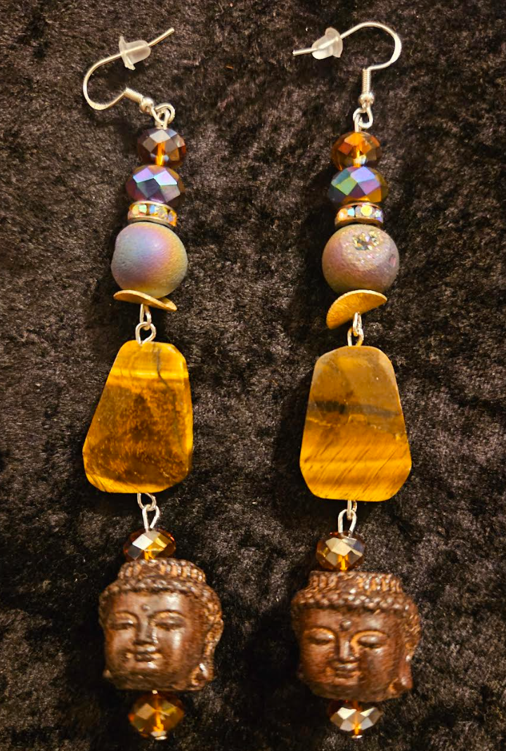 Earth Tone Buddha and Tiger's Eye Long Pierced Earrings - Tibetan God Shoulder Duster Ear Candy - Eccentric and Whimsical Shoulder Dusters - Kat Kouture Jewelry