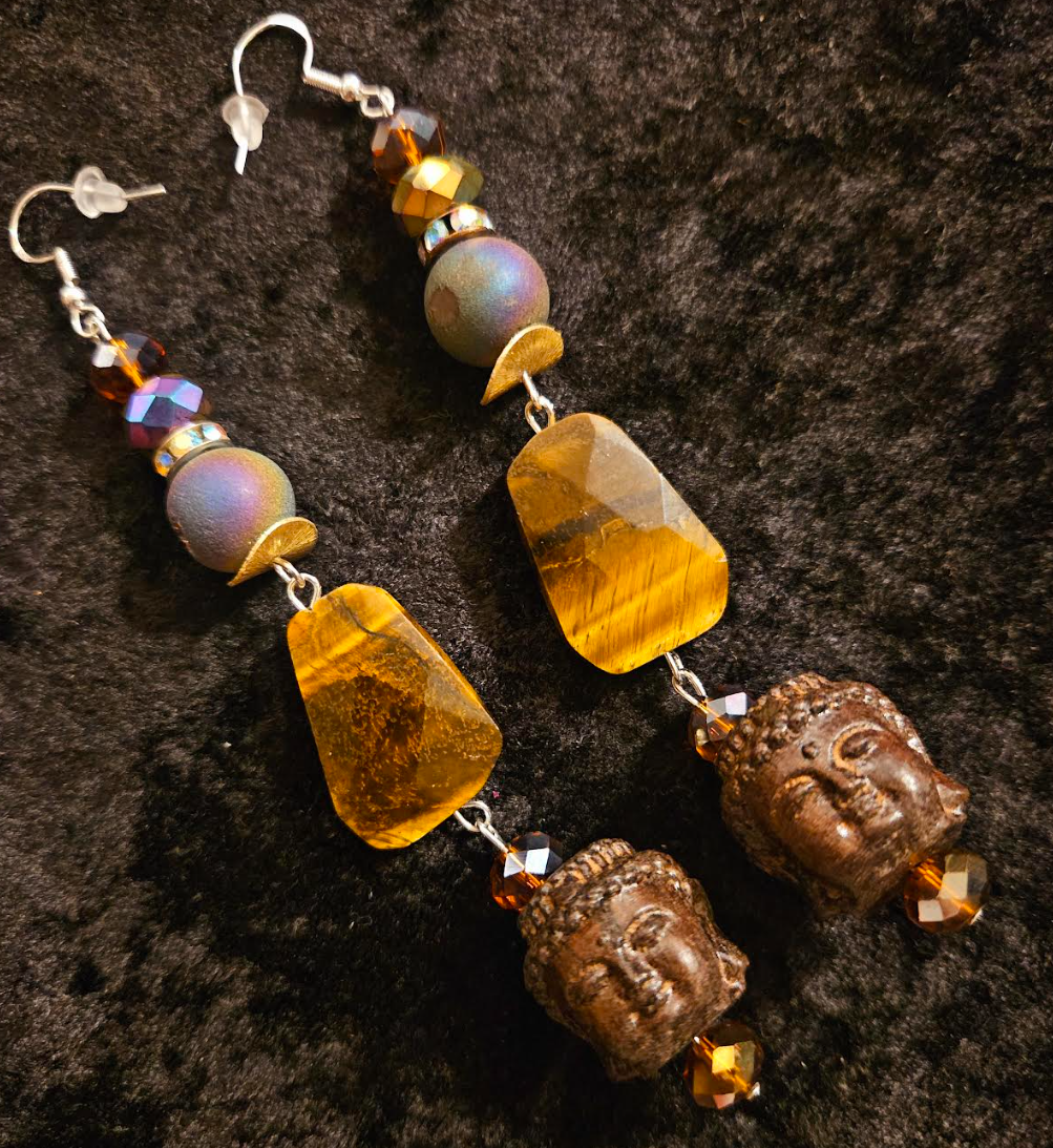 Earth Tone Buddha and Tiger's Eye Long Pierced Earrings - Tibetan God Shoulder Duster Ear Candy - Eccentric and Whimsical Shoulder Dusters - Kat Kouture Jewelry