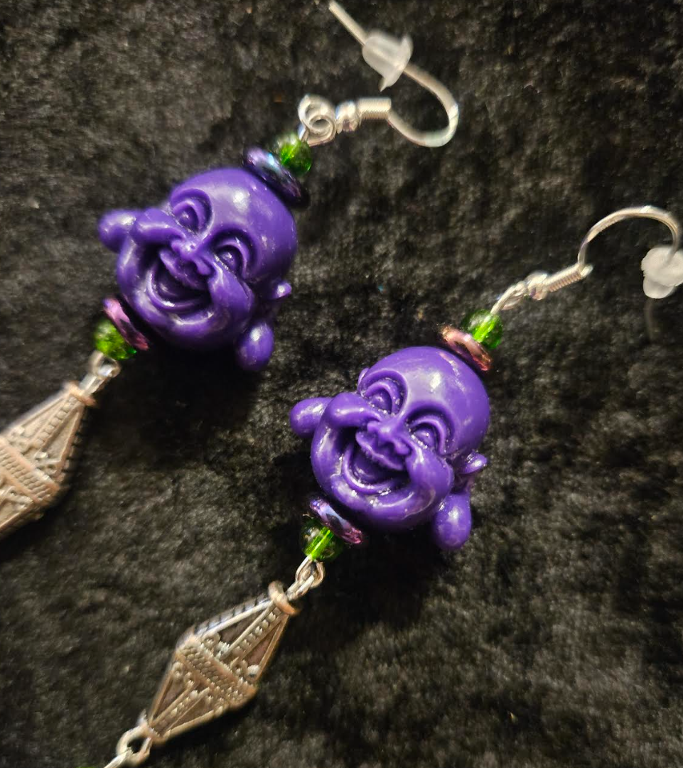 Purple Buddha Shoulder Duster Earrings - Tibetan God Whimsical Long Pierced Earrings - Eccentric Ear Candy - Kat Kouture Jewelry