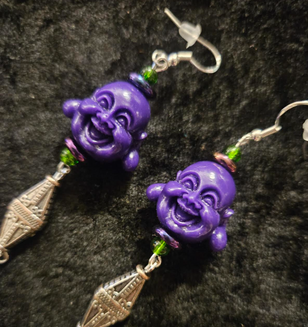 Purple Buddha Shoulder Duster Earrings - Tibetan God Whimsical Long Pierced Earrings - Eccentric Ear Candy - Kat Kouture Jewelry