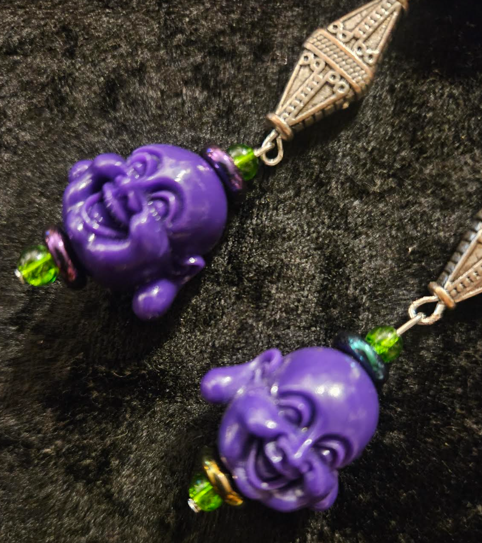 Purple Buddha Shoulder Duster Earrings - Tibetan God Whimsical Long Pierced Earrings - Eccentric Ear Candy - Kat Kouture Jewelry