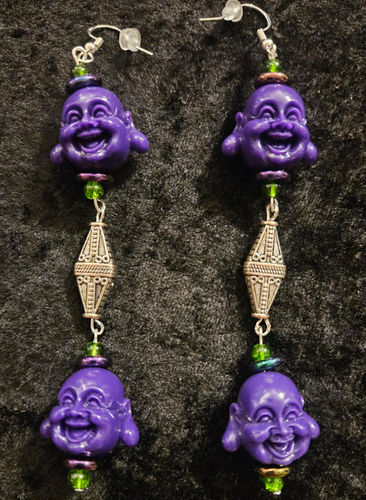 Purple Buddha Shoulder Duster Earrings - Tibetan God Whimsical Long Pierced Earrings - Eccentric Ear Candy - Kat Kouture Jewelry