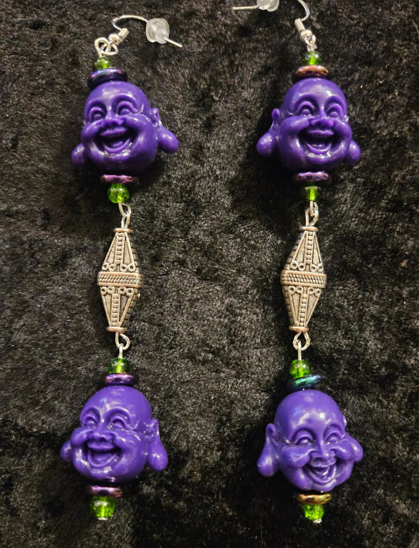 Purple Buddha Shoulder Duster Earrings - Tibetan God Whimsical Long Pierced Earrings - Eccentric Ear Candy - Kat Kouture Jewelry