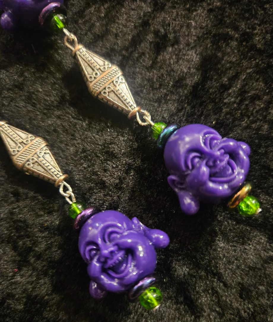 Purple Buddha Shoulder Duster Earrings - Tibetan God Whimsical Long Pierced Earrings - Eccentric Ear Candy - Kat Kouture Jewelry