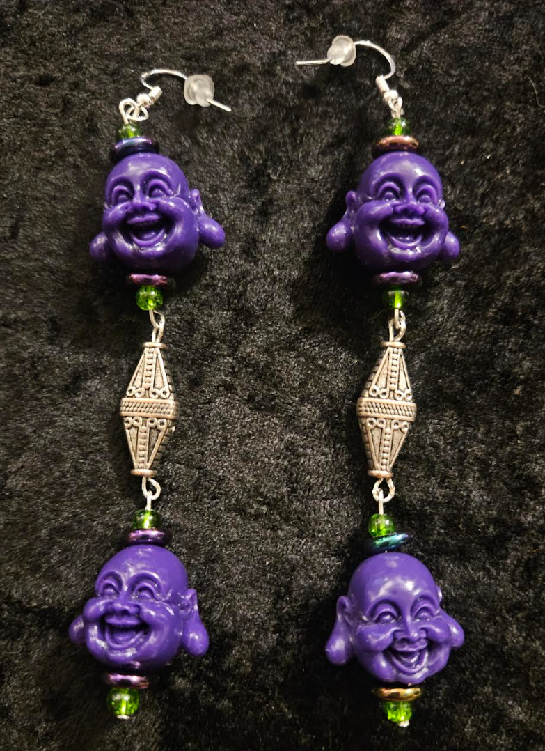 Purple Buddha Shoulder Duster Earrings - Tibetan God Whimsical Long Pierced Earrings - Eccentric Ear Candy - Kat Kouture Jewelry