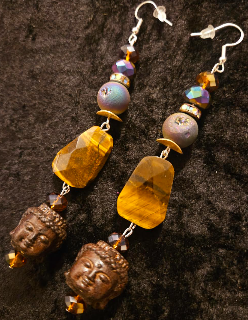 Earth Tone Buddha and Tiger's Eye Long Pierced Earrings - Tibetan God Shoulder Duster Ear Candy - Eccentric and Whimsical Shoulder Dusters - Kat Kouture Jewelry