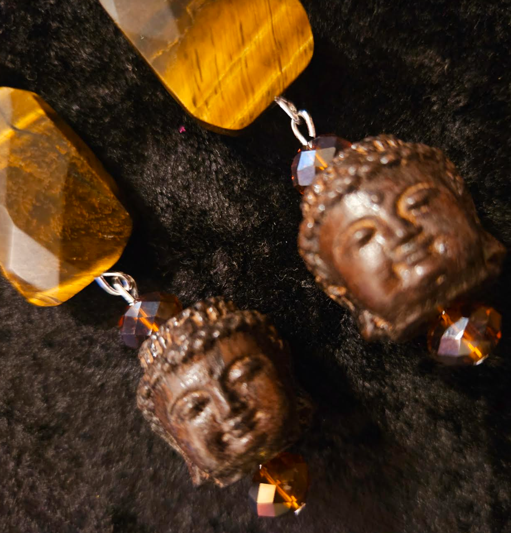 Earth Tone Buddha and Tiger's Eye Long Pierced Earrings - Tibetan God Shoulder Duster Ear Candy - Eccentric and Whimsical Shoulder Dusters - Kat Kouture Jewelry