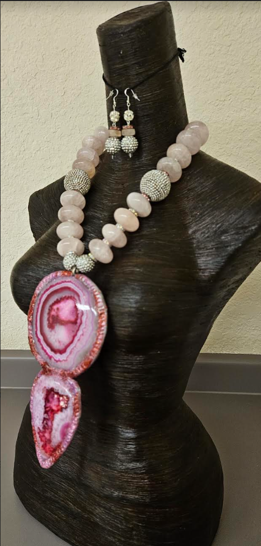 Hot Pink Sculpted Agate Totem Chest Piece - Bold & Chunky Rose Quartz Rondelle & Rhinestone Statement Necklace - Kat Kouture Jewelry