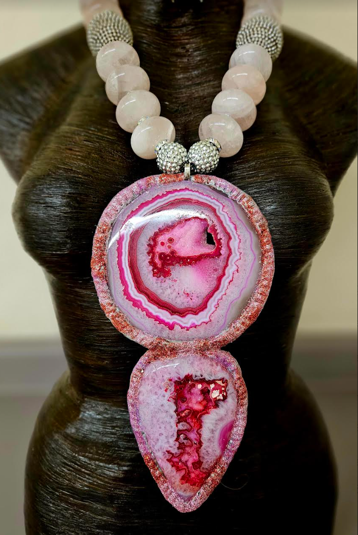 Hot Pink Sculpted Agate Totem Chest Piece - Bold & Chunky Rose Quartz Rondelle & Rhinestone Statement Necklace - Kat Kouture Jewelry