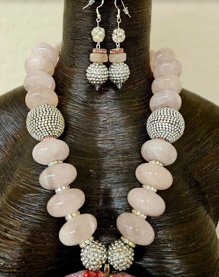 Hot Pink Sculpted Agate Totem Chest Piece - Bold & Chunky Rose Quartz Rondelle & Rhinestone Statement Necklace - Kat Kouture Jewelry