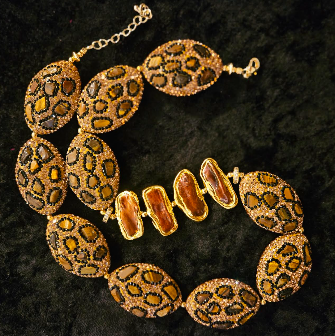 Leopard Pave Rhinestone and Copper Biwa Pearl Necklace - Neck Candy for Professional or Business Venues - Exotic and Wild Animal Print Rhinestone Socialiate Necklace - Kat Kouture Jewelry