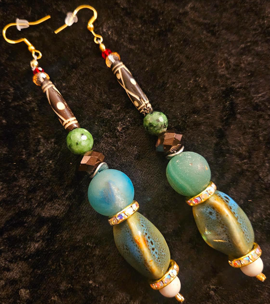 Blue Green & Brown Eclectic Mixed Beaded Tribal Dangle Shoulder Dusters - Agate Porcelain and Bone Long Dangle Earrings - Mixed Media Ear Candy - Kat Kouture Jewelry