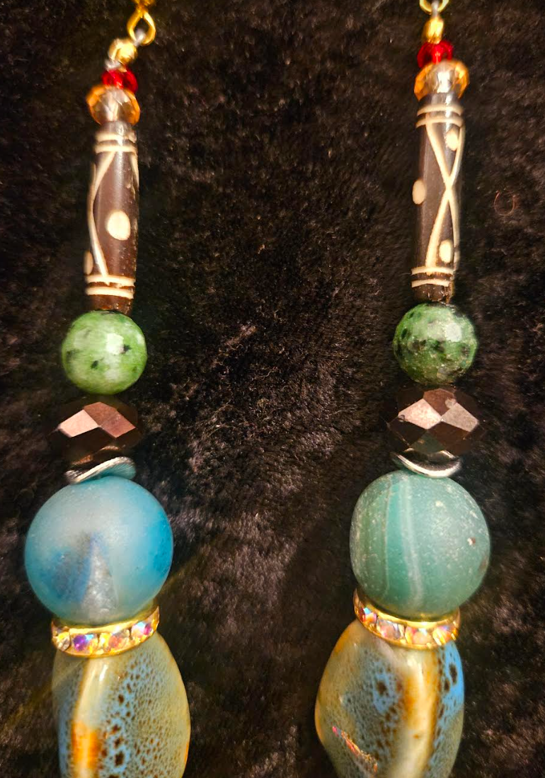 Blue Green & Brown Eclectic Mixed Beaded Tribal Dangle Shoulder Dusters - Agate Porcelain and Bone Long Dangle Earrings - Mixed Media Ear Candy - Kat Kouture Jewelry