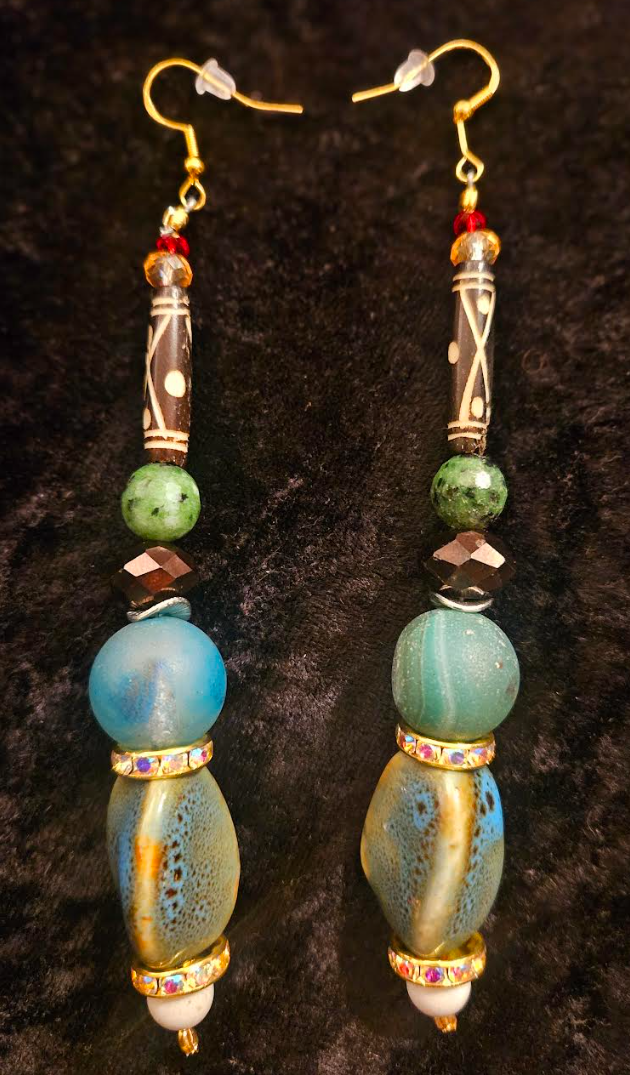 Blue Green & Brown Eclectic Mixed Beaded Tribal Dangle Shoulder Dusters - Agate Porcelain and Bone Long Dangle Earrings - Mixed Media Ear Candy - Kat Kouture Jewelry