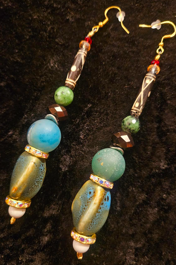 Blue Green & Brown Eclectic Mixed Beaded Tribal Dangle Shoulder Dusters - Agate Porcelain and Bone Long Dangle Earrings - Mixed Media Ear Candy - Kat Kouture Jewelry