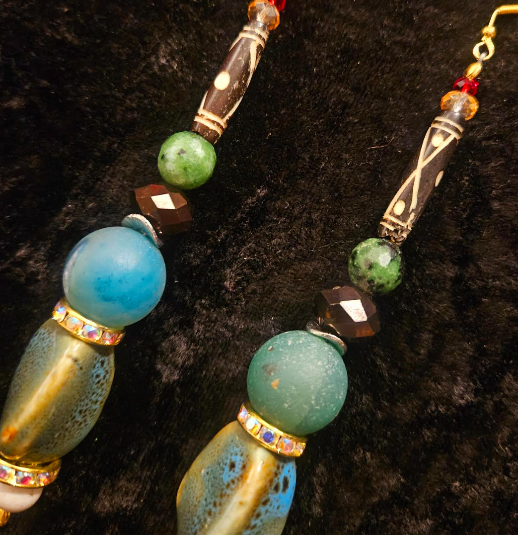 Blue Green & Brown Eclectic Mixed Beaded Tribal Dangle Shoulder Dusters - Agate Porcelain and Bone Long Dangle Earrings - Mixed Media Ear Candy - Kat Kouture Jewelry