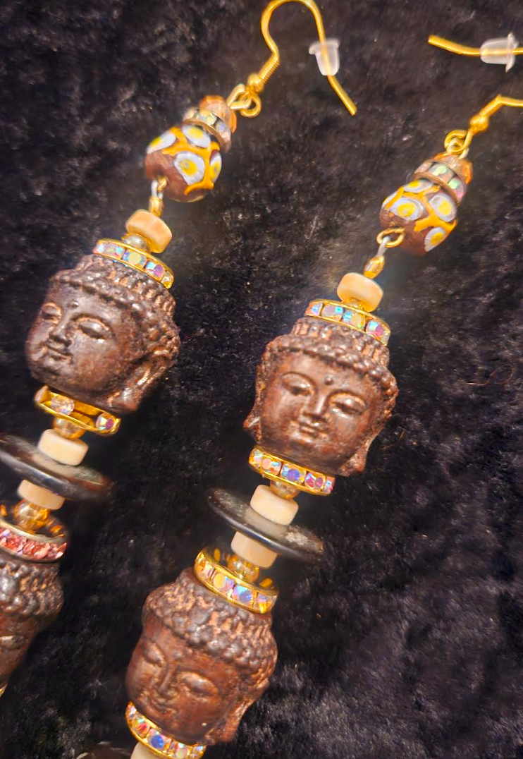 Agar Wood Buddha Shoulder Duster Pierced Earrings - Earthy Haute Couture Tibetan God Ear Candy - Runway Ready Accessory - Kat Kouture Jewelry