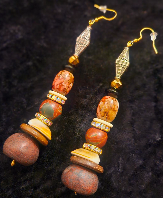 Autumn Orange Pink and Brown Beaded Long Dangle Earrings - Mixed Media Shoulder Dusters for Fall Wardrobe - Kat Kouture Jewelry