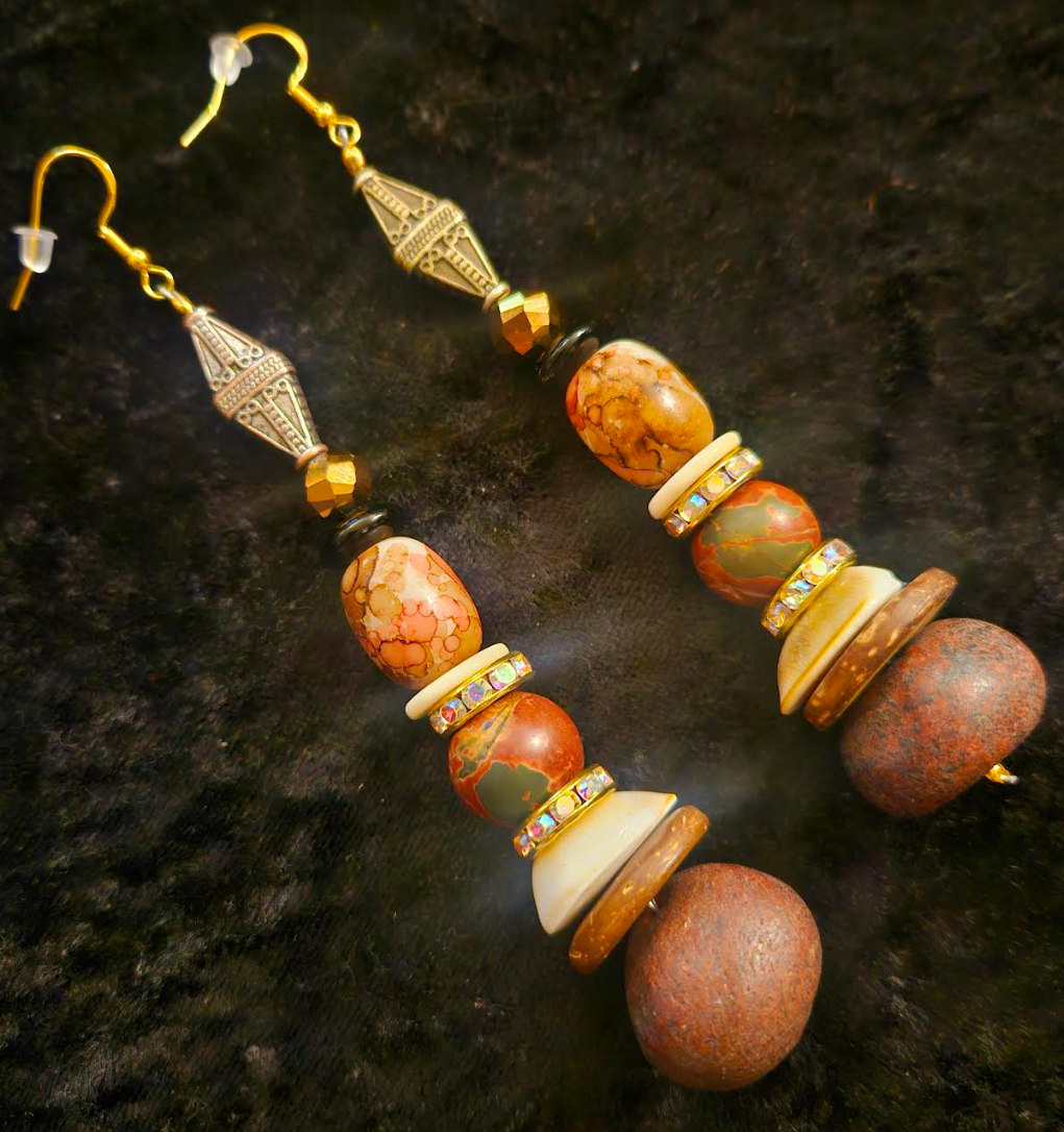 Autumn Orange Pink and Brown Beaded Long Dangle Earrings - Mixed Media Shoulder Dusters for Fall Wardrobe - Kat Kouture Jewelry