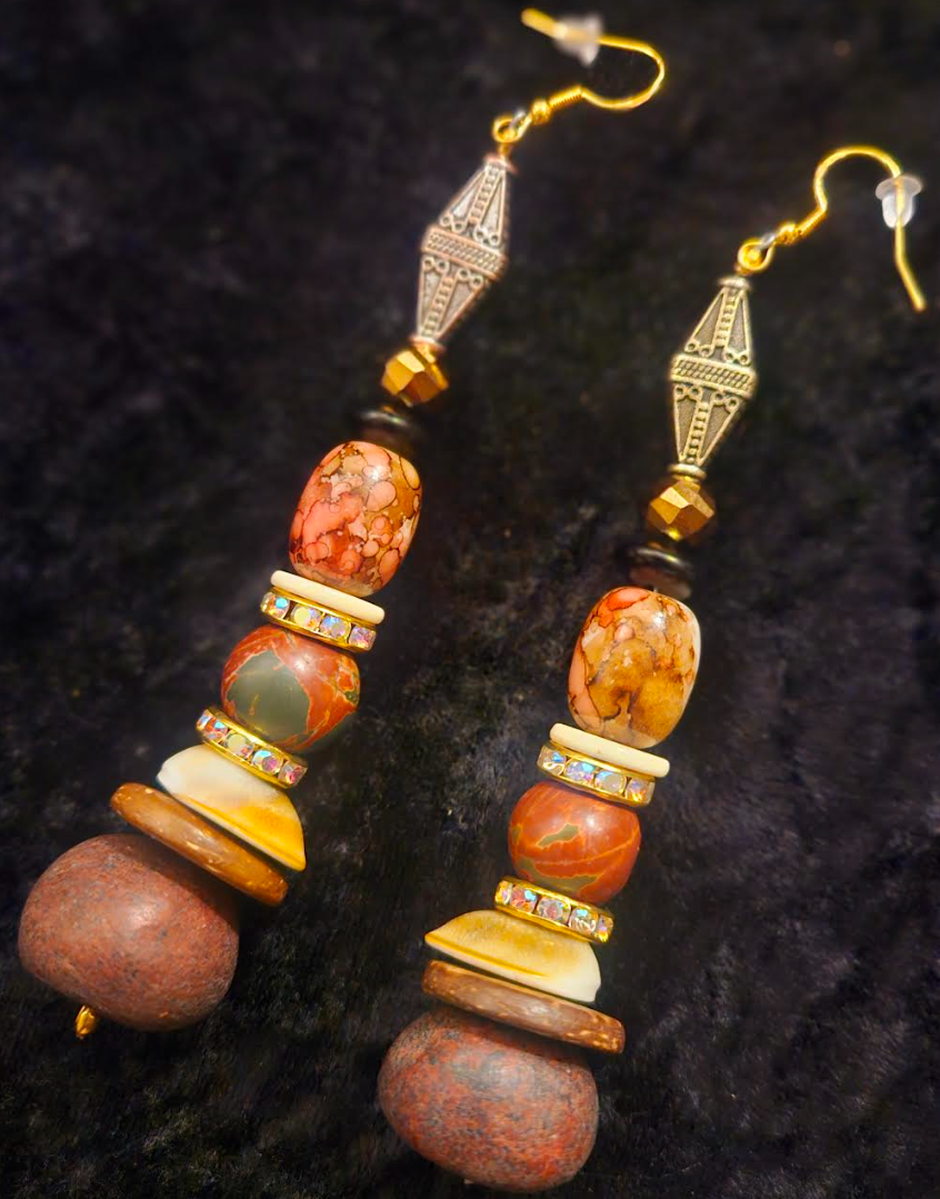 Autumn Orange Pink and Brown Beaded Long Dangle Earrings - Mixed Media Shoulder Dusters for Fall Wardrobe - Kat Kouture Jewelry