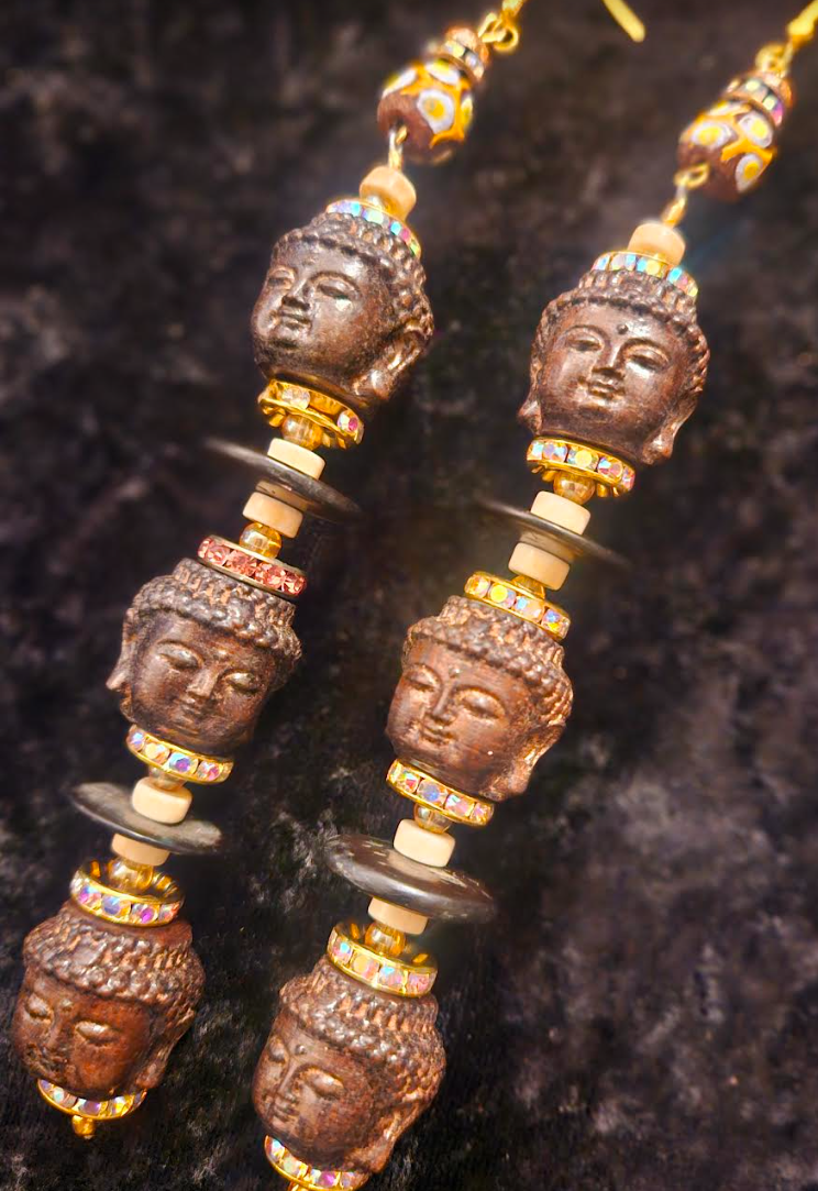 Agar Wood Buddha Shoulder Duster Pierced Earrings - Earthy Haute Couture Tibetan God Ear Candy - Runway Ready Accessory - Kat Kouture Jewelry