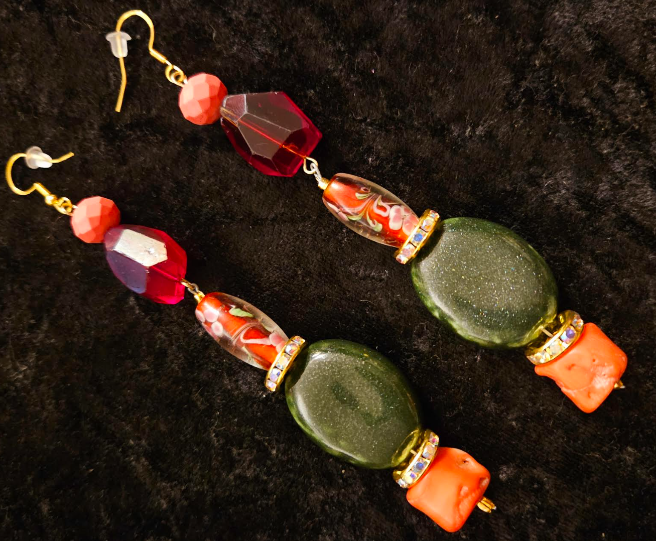 Green Red and Orange Mixed Media Exotic Dangle Ear Candy - Mixed Media Beaded Shoulder Dusters for Redheads - Kat Kouture Jewelry