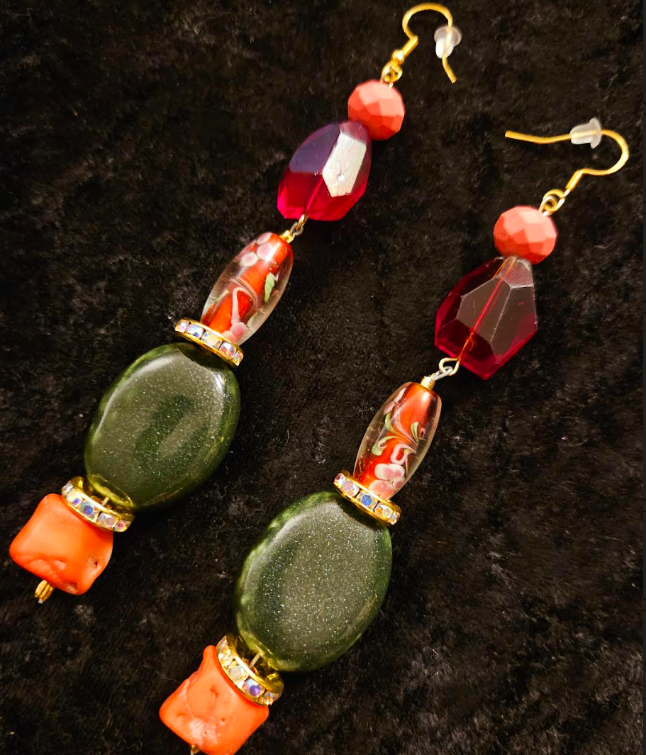 Green Red and Orange Mixed Media Exotic Dangle Ear Candy - Mixed Media Beaded Shoulder Dusters for Redheads - Kat Kouture Jewelry