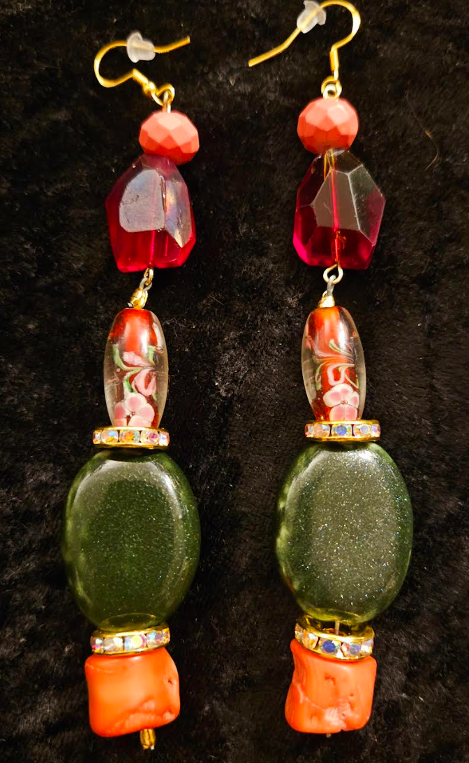 Green Red and Orange Mixed Media Exotic Dangle Ear Candy - Mixed Media Beaded Shoulder Dusters for Redheads - Kat Kouture Jewelry