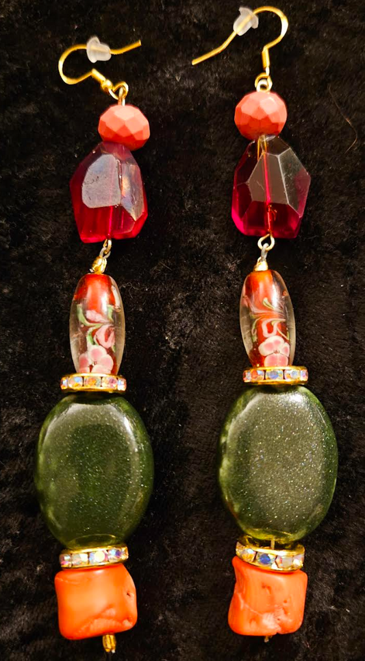 Green Red and Orange Mixed Media Exotic Dangle Ear Candy - Mixed Media Beaded Shoulder Dusters for Redheads - Kat Kouture Jewelry