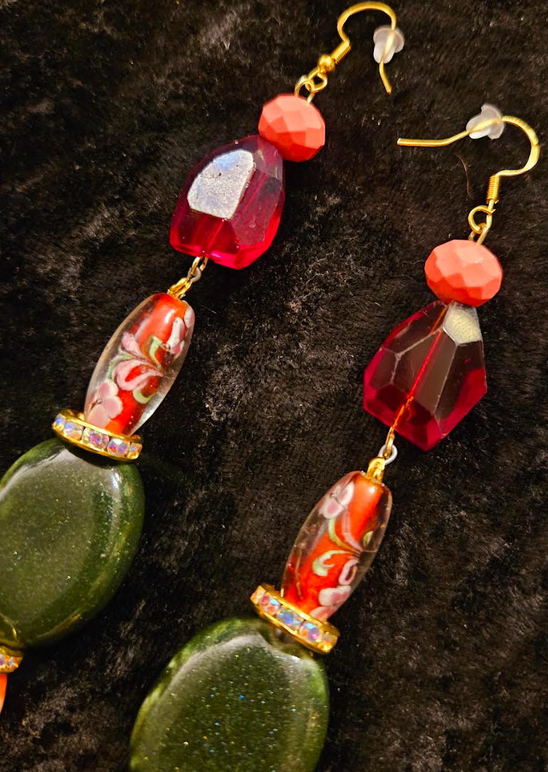 Green Red and Orange Mixed Media Exotic Dangle Ear Candy - Mixed Media Beaded Shoulder Dusters for Redheads - Kat Kouture Jewelry