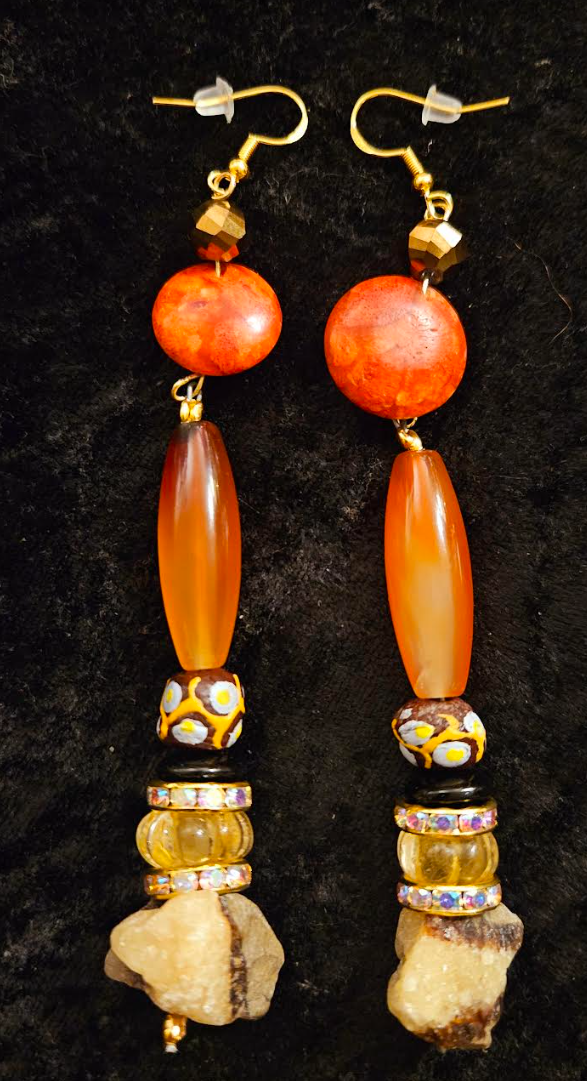 Mixed Media Dangle Pierced Earrings for Fall - Orange & Brown Gemstone Shoulder Dusters - Kat Kouture Jewelry