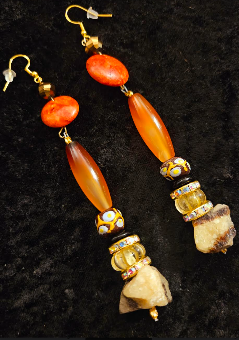 Mixed Media Dangle Pierced Earrings for Fall - Orange & Brown Gemstone Shoulder Dusters - Kat Kouture Jewelry