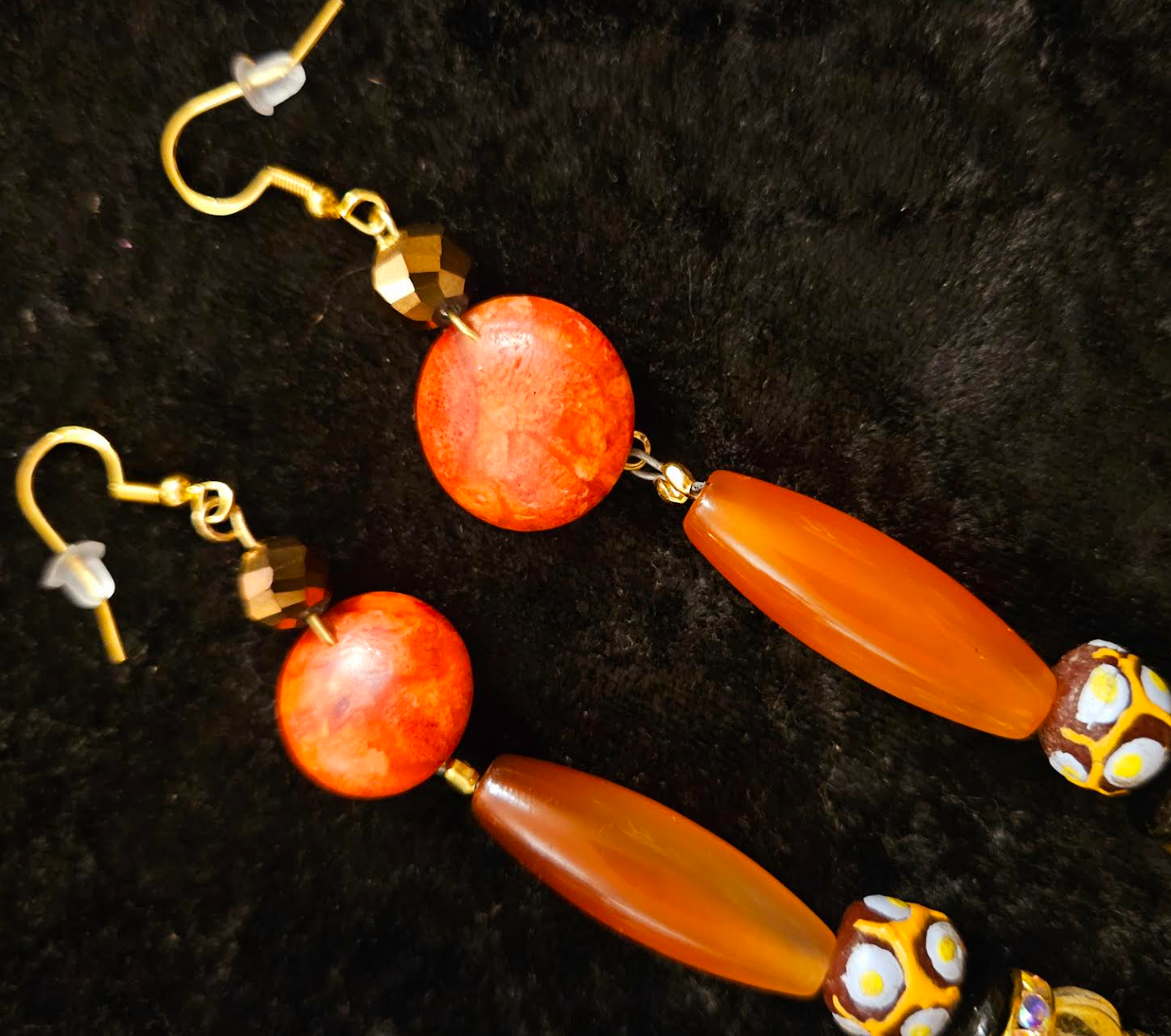 Mixed Media Dangle Pierced Earrings for Fall - Orange & Brown Gemstone Shoulder Dusters - Kat Kouture Jewelry