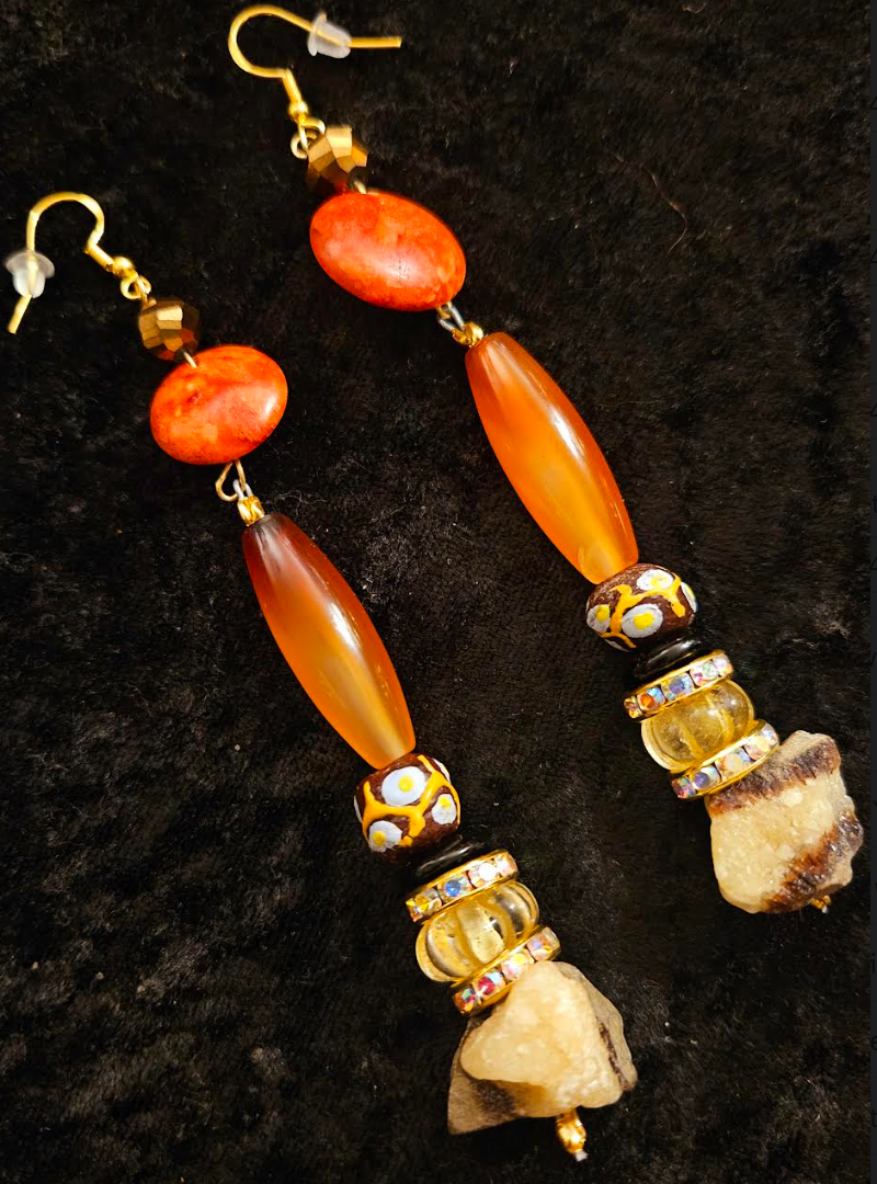 Mixed Media Dangle Pierced Earrings for Fall - Orange & Brown Gemstone Shoulder Dusters - Kat Kouture Jewelry