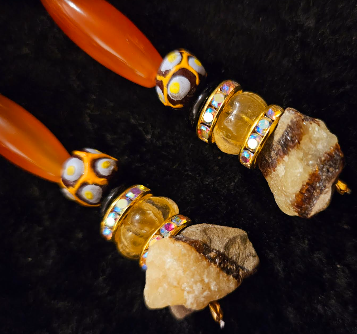 Mixed Media Dangle Pierced Earrings for Fall - Orange & Brown Gemstone Shoulder Dusters - Kat Kouture Jewelry