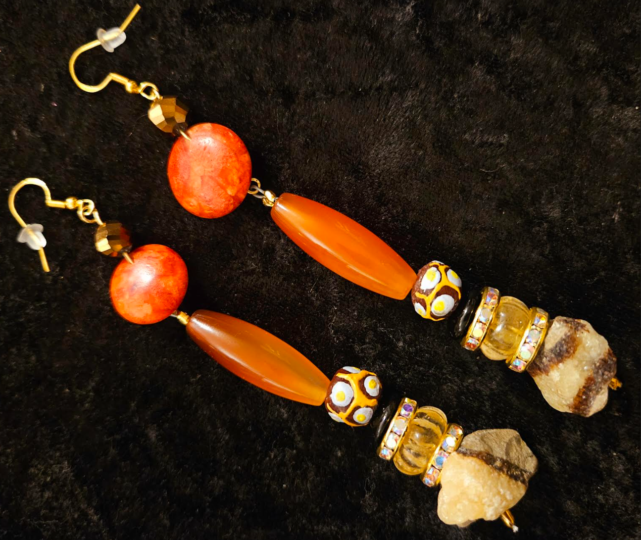 Mixed Media Dangle Pierced Earrings for Fall - Orange & Brown Gemstone Shoulder Dusters - Kat Kouture Jewelry