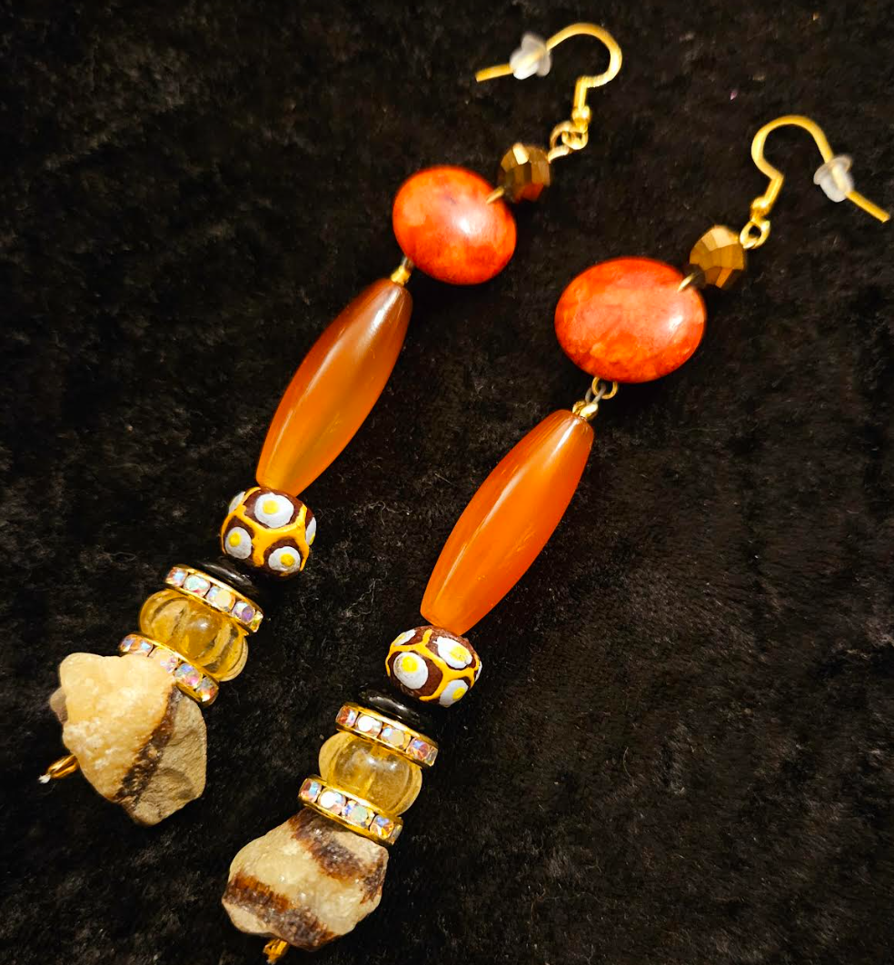 Mixed Media Dangle Pierced Earrings for Fall - Orange & Brown Gemstone Shoulder Dusters - Kat Kouture Jewelry