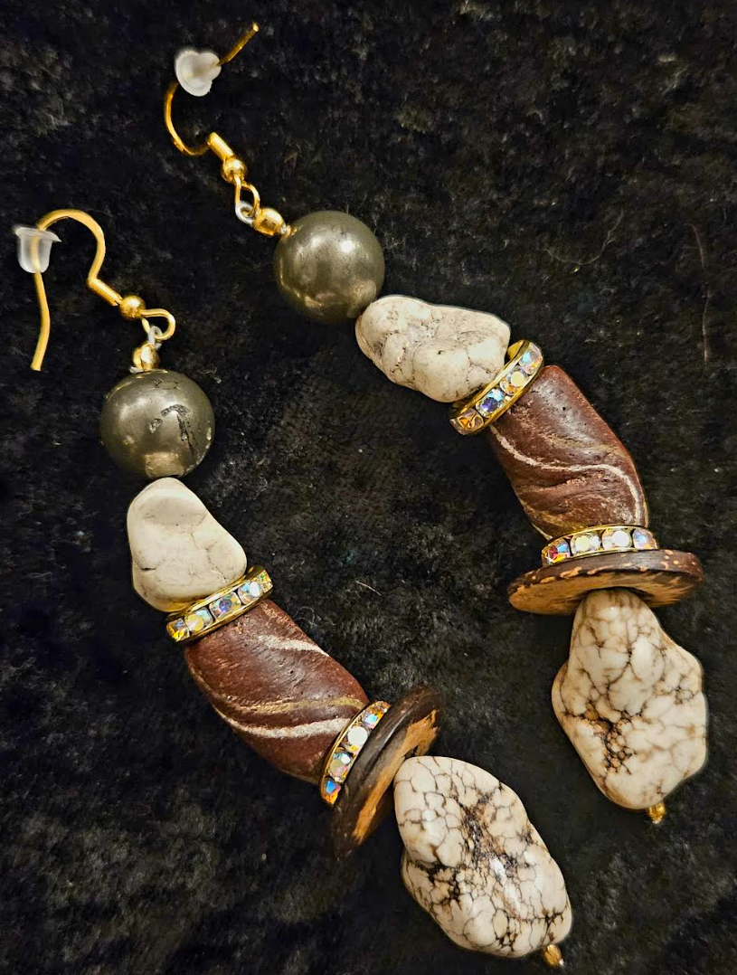 Brown & White Exotic Gemstone Dangle Ear Candy - Earth Tone Mixed Media Pierced Earrings - Kat Kouture Jewelry