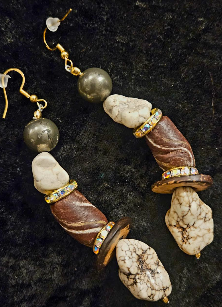 Brown & White Exotic Gemstone Dangle Ear Candy - Earth Tone Mixed Media Pierced Earrings - Kat Kouture Jewelry